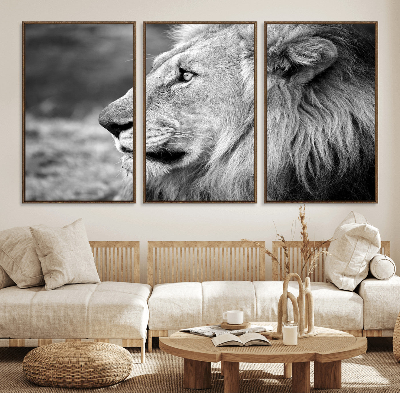 23833-MGV-FC-60X30-3P_Walnut-Lion Wall Art Canvas Print – Framed Majestic Wildlife Portrait Lion with Regal Presence Artwork for Home, Office