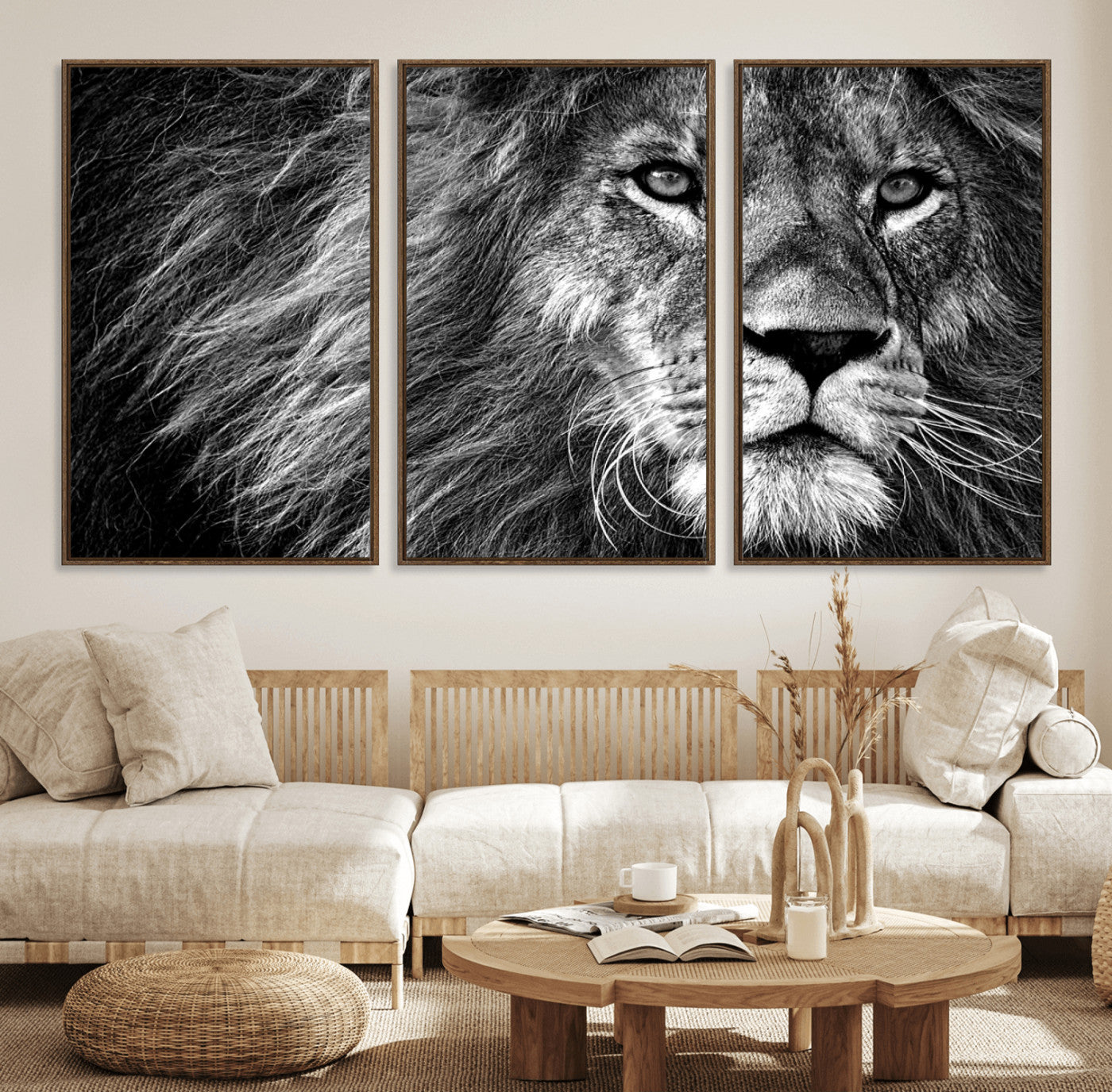 58363-MGV-FC-60X30-3P_Walnut-Black and White Lion Canvas Wall Art Print – Wildlife Portrait Artwork for Home, Office, Living Room, Guest Room