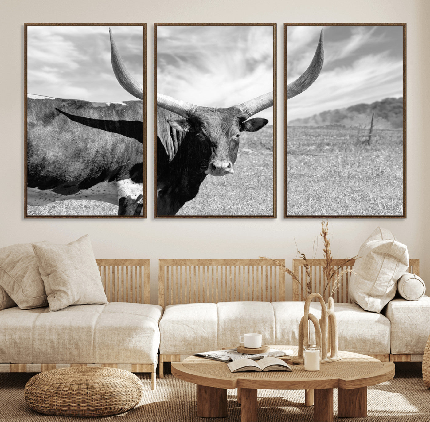 30017-MGV-FC-60X30-3P_Walnut-Longhorn Wall Art Canvas Print, Framed Ranch Wall Art Canvas Print