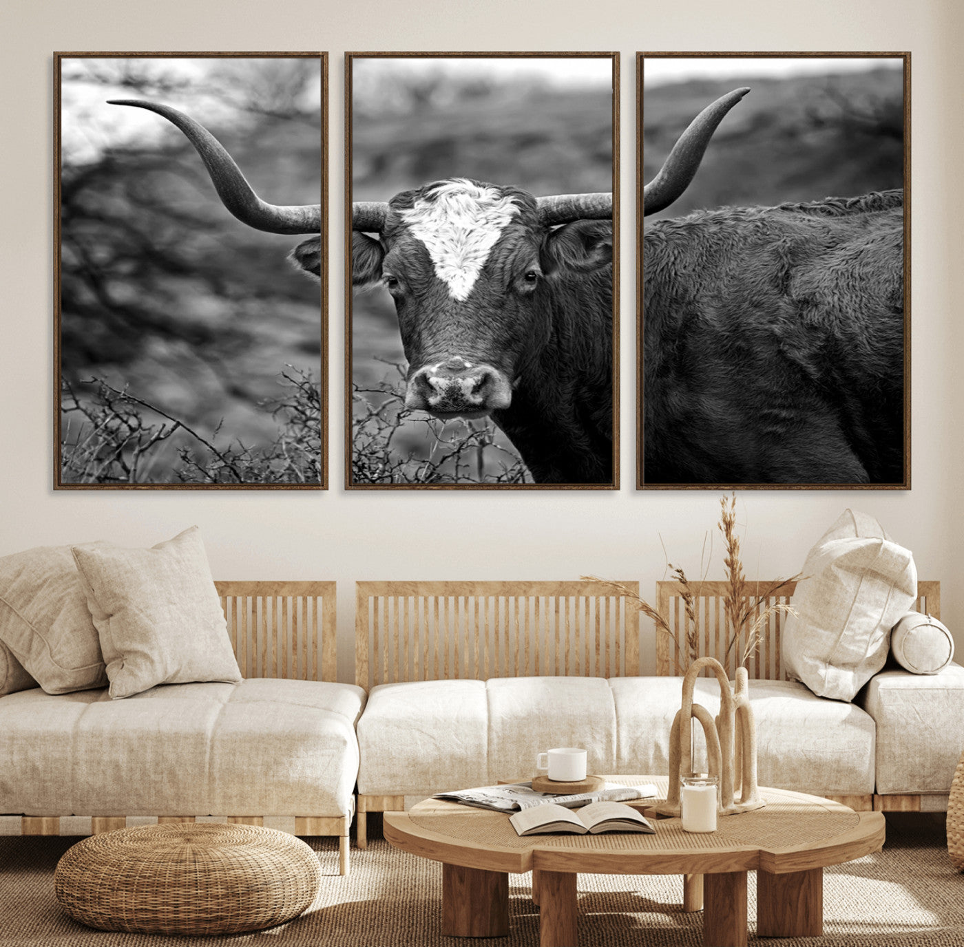 76200-MGV-FC-60X30-3P_Walnut-Western Home Wall Art Canvas Print, Framed Texas Longhorn Art Picture Print, Rustic Cow Perfect Rustic Farmhouse Decor Artwork