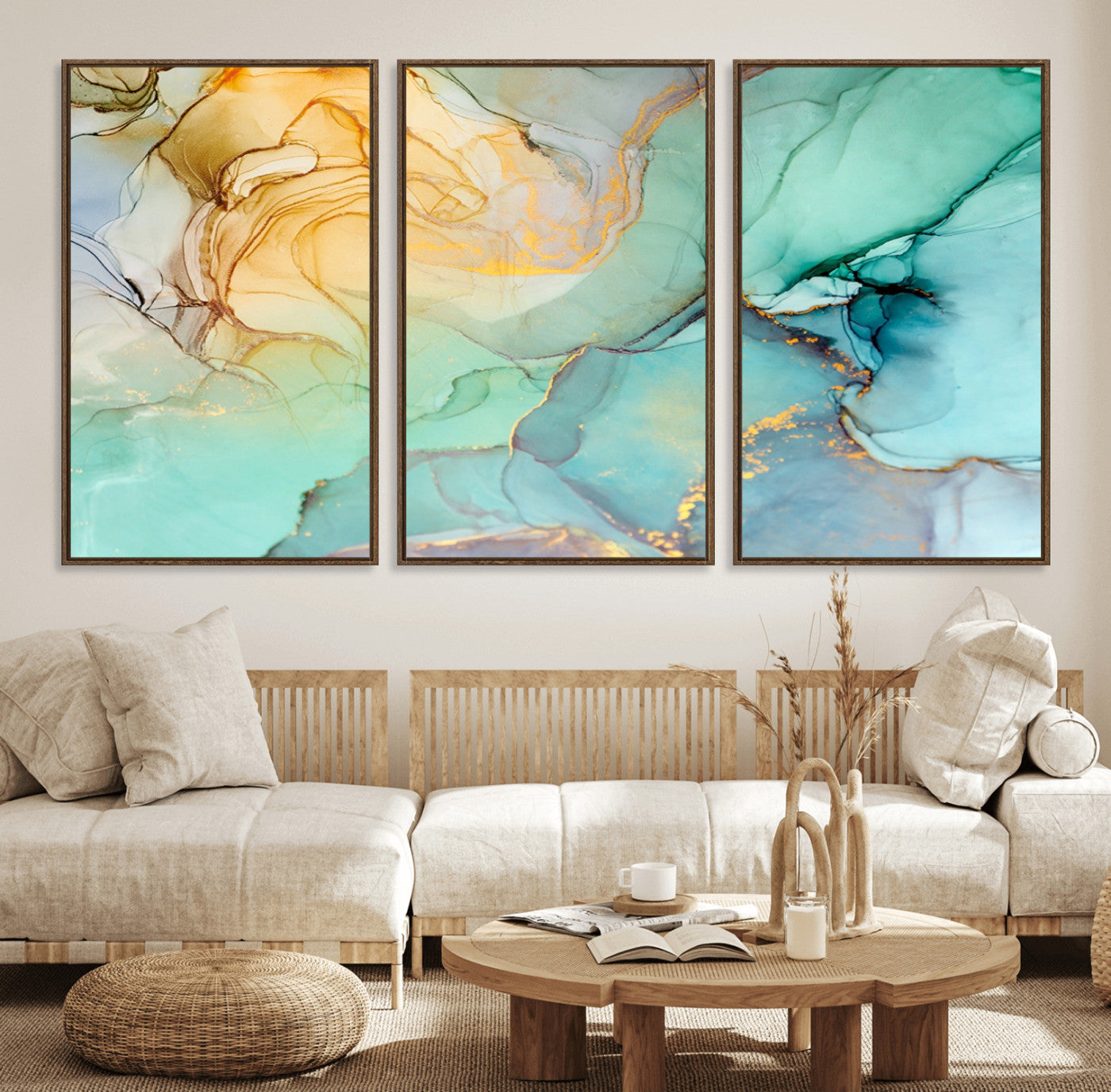 84233-MGV-CV-36X24-Abstract Aqua and Gold Fluid Wall Art Canvas | 3 Panel Large Canvas Print for Living Room, Office, or Modern Space | Elegant Contemporary