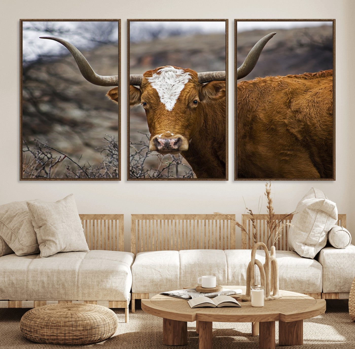 71797-MGV-FC-60X30-3P_Walnut-Texas Longhorn Canvas Wall Art - Longhorn Steer Canvas Wall Art Print- Rustic Western Animal Print,