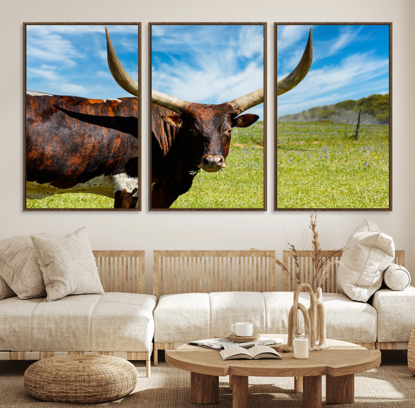 47037-MGV-FC-60X30-3P_Walnut-Longhorn and Cow Wall Art, Country Cow Wall Decor Canvas Print