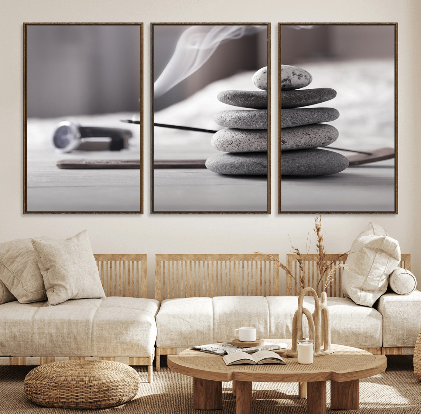 50072-MGV-FC-60X30-3P_Walnut-Burning Incense and Zen Stones Buddhism Wall Art, Zen Stones Wall Art Canvas Print