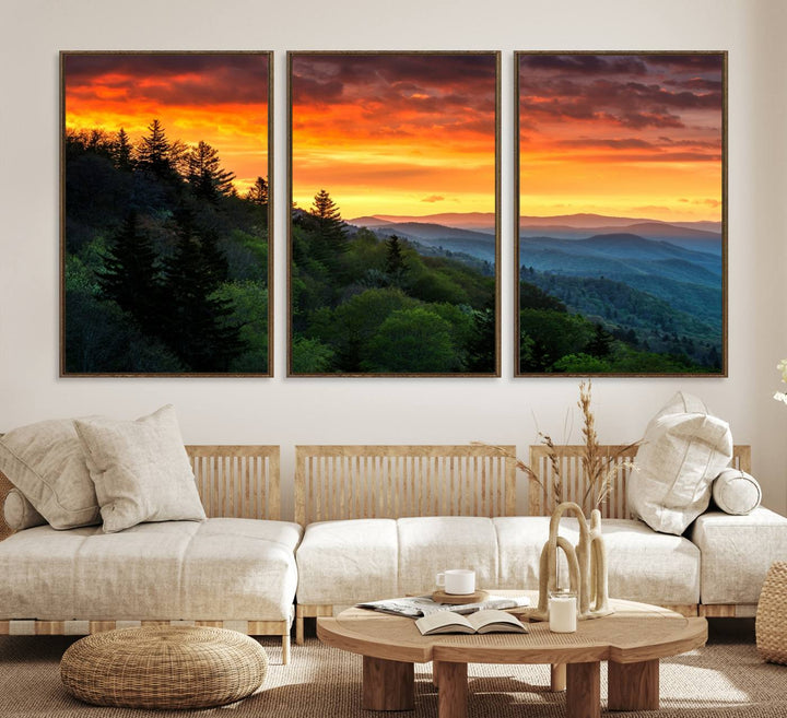 The Great Smoky Mountains Sunset Wall Art, a 3-panel print, beautifully captures natures beauty and is perfect for living room or office decor.