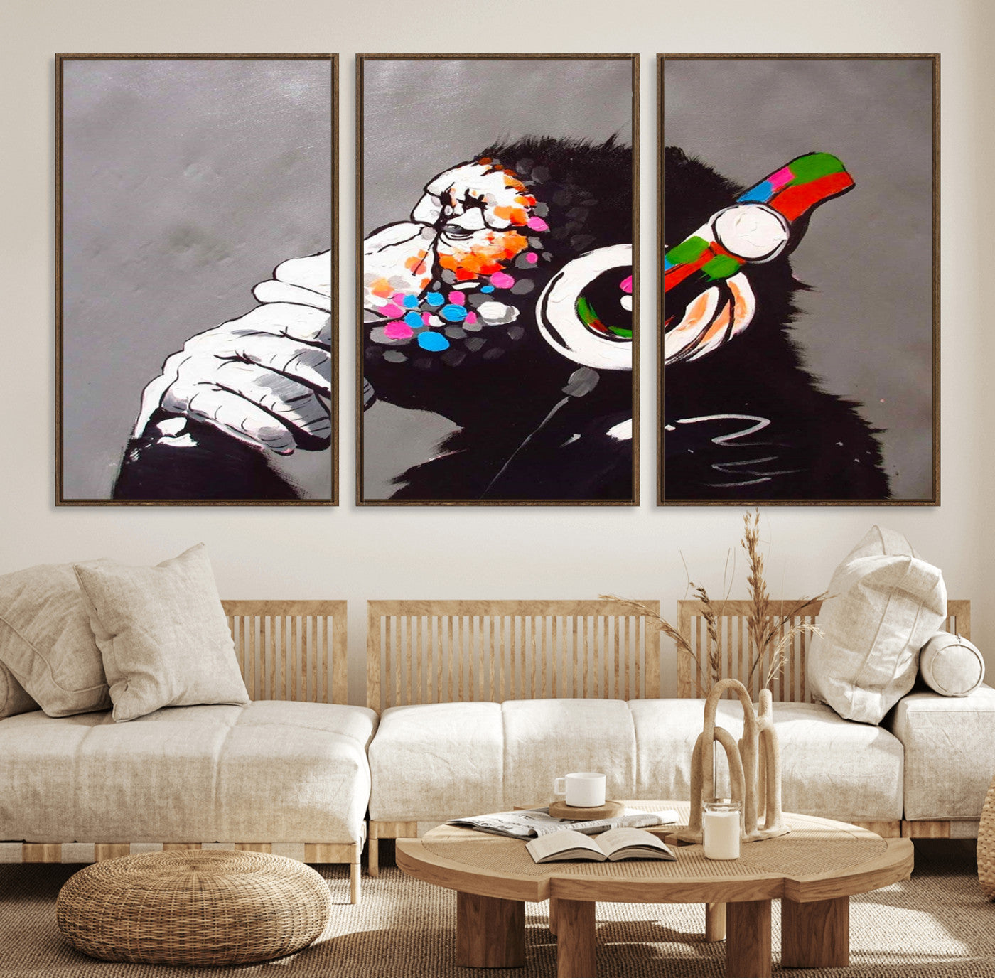 56887-MGV-FC-60X30-3P_Walnut-Dj Monkey Listening to Music Wall Art Print | Banksy Monkey Large Canvas Print for Living Room,