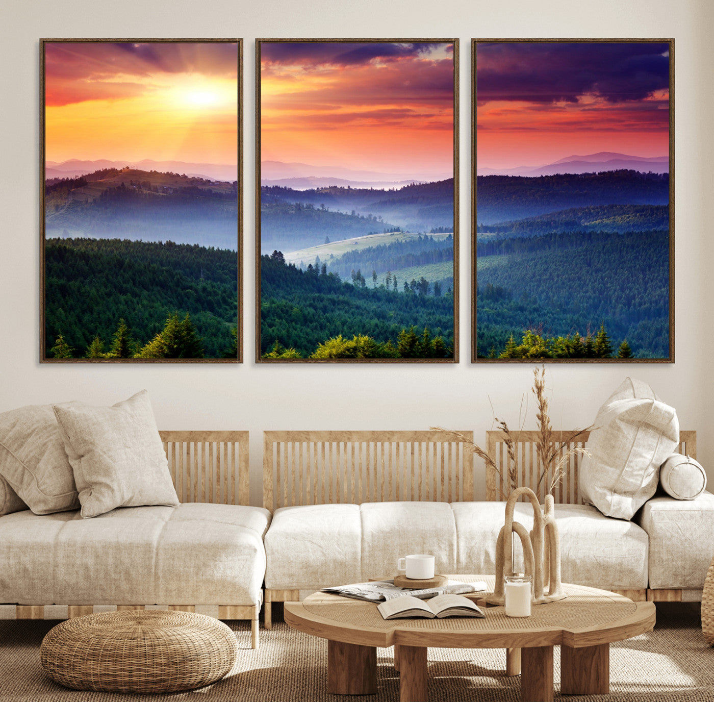 86411-MGV-FC-60X30-3P_Walnut-Beautiful Sunset over Hills Forest Landscape Canvas Wall Art Print