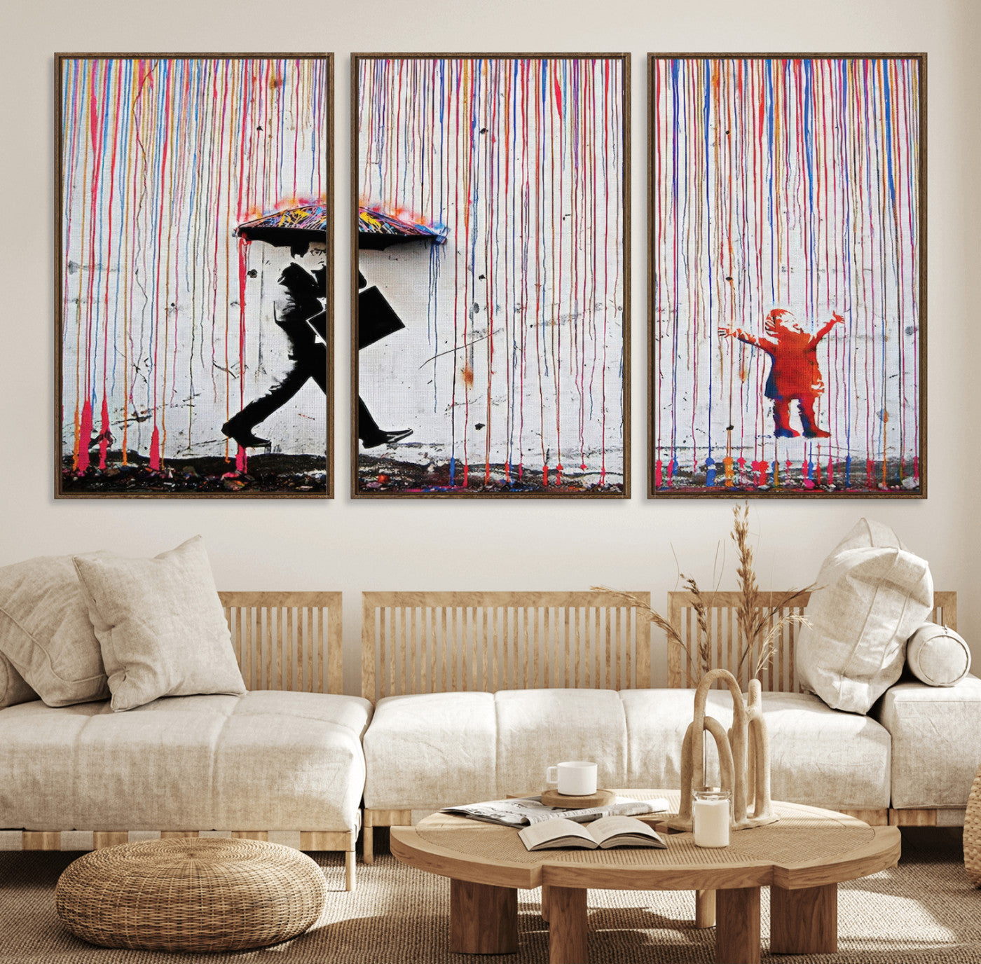 16292-MGV-FC-60X30-3P_Walnut-Banksy Wall Art Canvas Print, Framed Graffiti Art Picture Print, Banksy Urban Graffiti Perfect Modern Decor Artwork