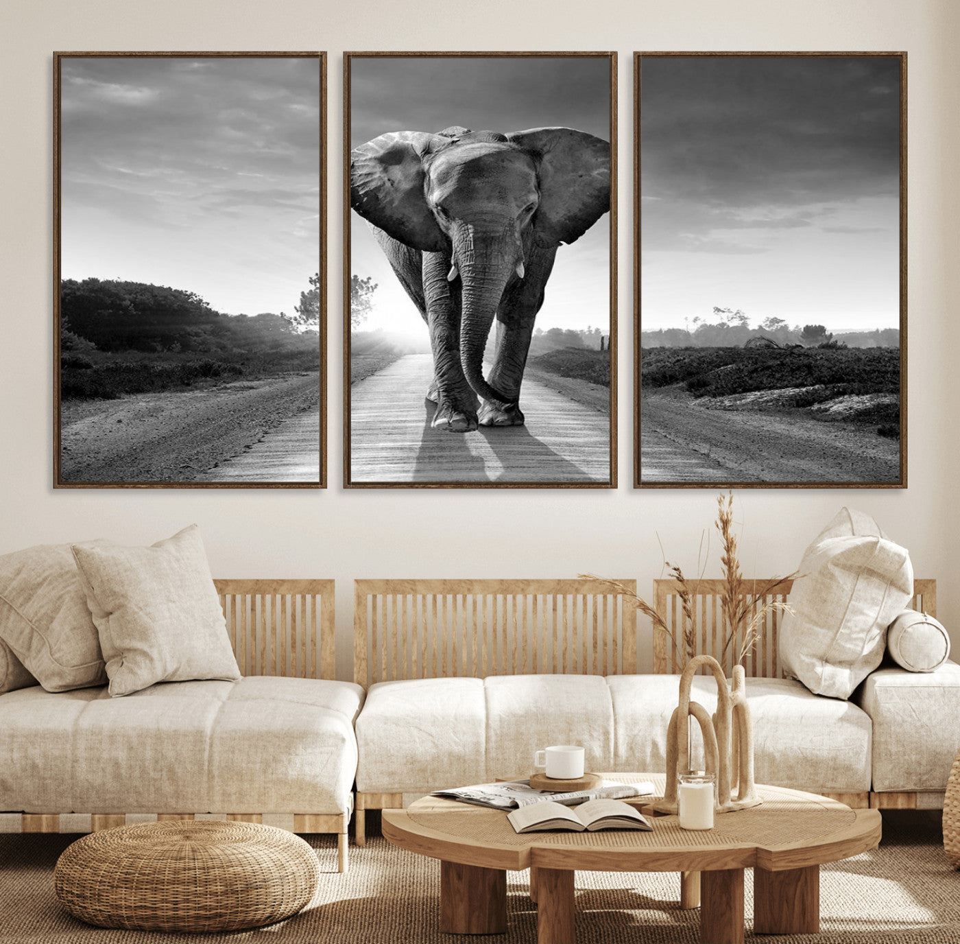 56739-MGV-FC-60X30-3P_Walnut-Black and White Elephant Wall Art Canvas Print