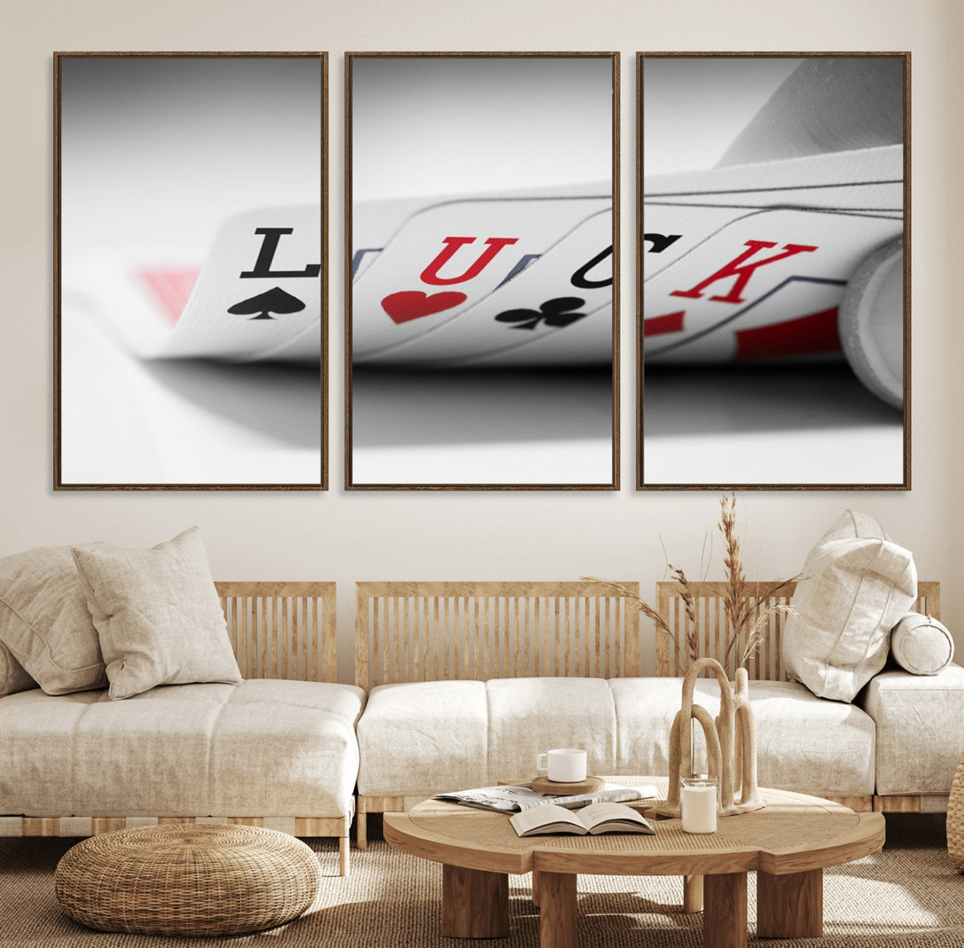 55160-MGV-FC-60X30-3P_Walnut-Framed Luck Poker Cards Canvas – Modern Triptych Wall Art, Ready to Hang for Game Rooms