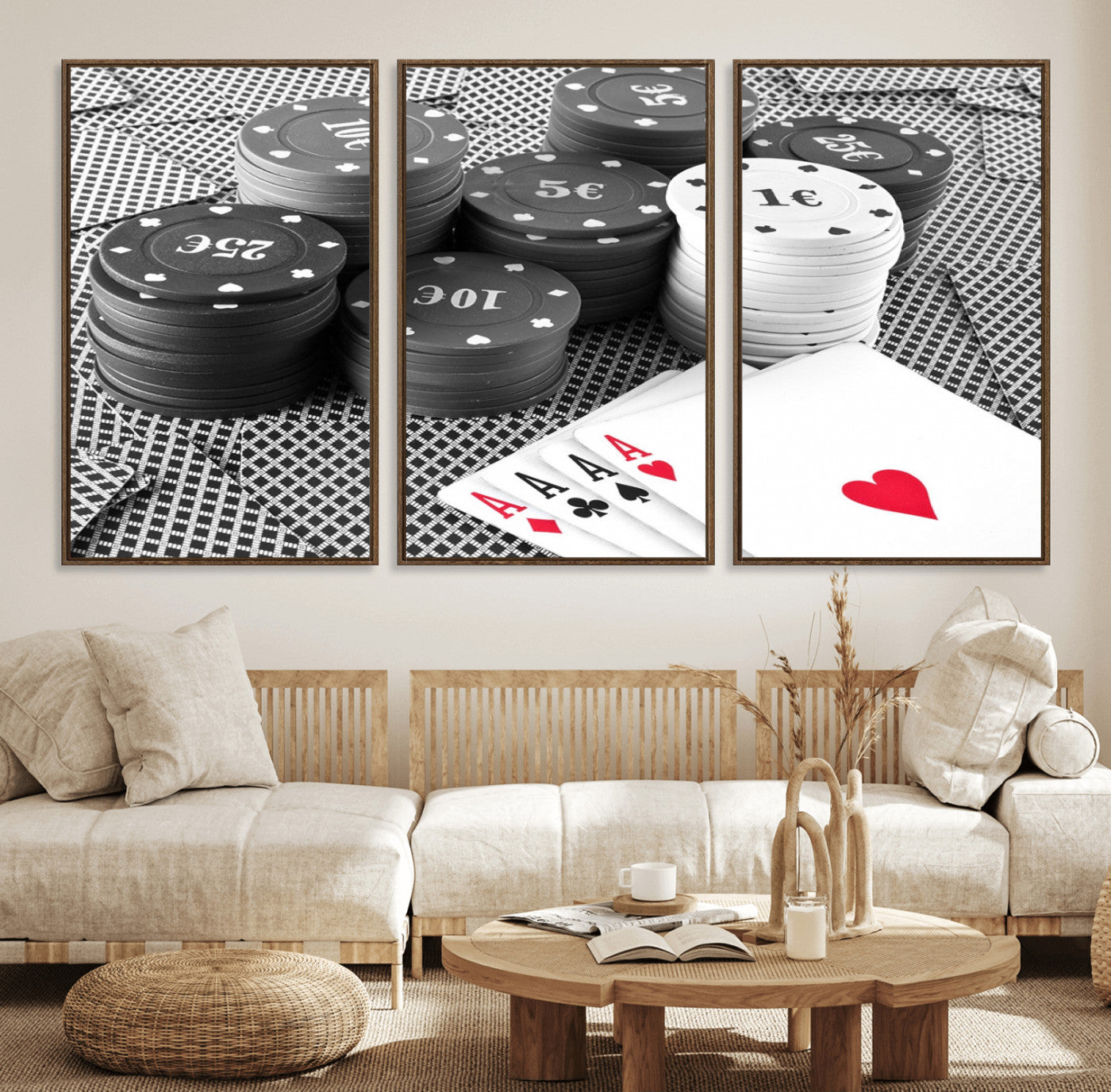 47531-MGV-FC-60X30-3P_Walnut-Poker Game Cards Wall Art Canvas, Multi Panel Wall Art Canvas Print