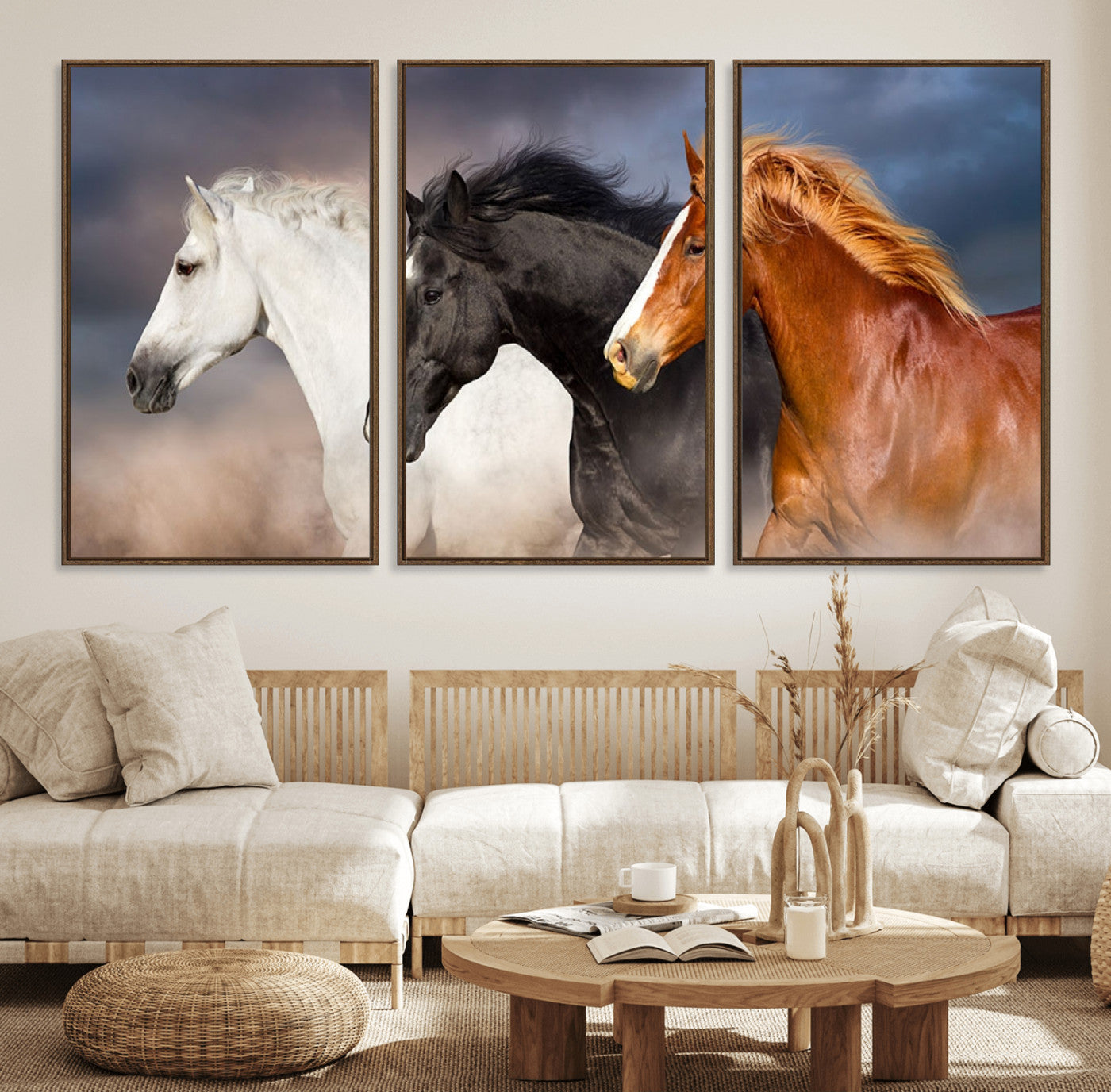 51754-MGV-FC-60X30-3P_Walnut-Animal Wall Art Three Horses Farmhouse Art Canvas, Framed Three Horses Canvas Print