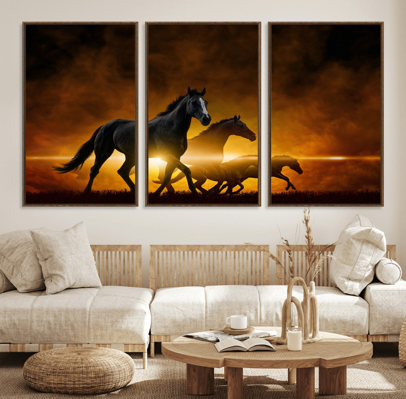 56665-MGV-FC-60X30-3P_Walnut-Horse Wall Art Canvas Print, Multi Panel Animal Canvas Print