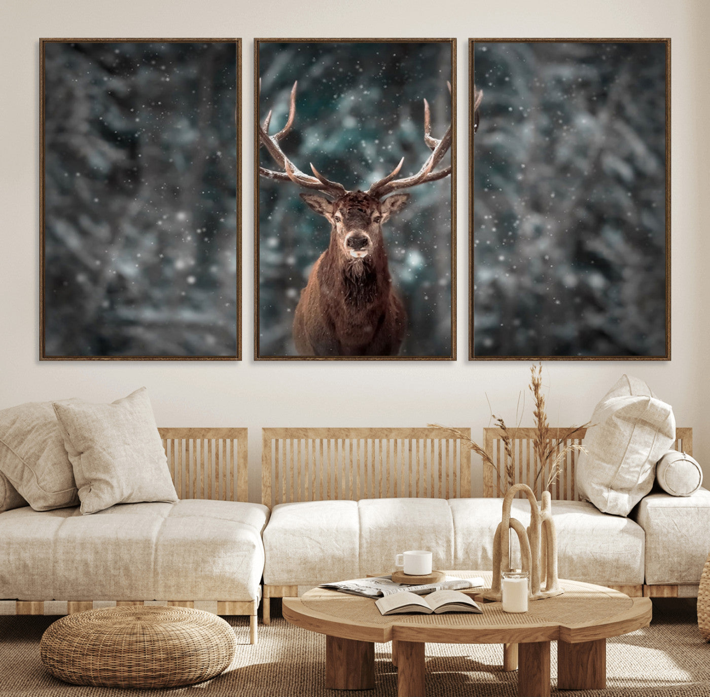 77011-MGV-FC-60X30-3P_Walnut-Wall Art Deer Art Animal Canvas, Framed Wall Art Deer Canvas Print