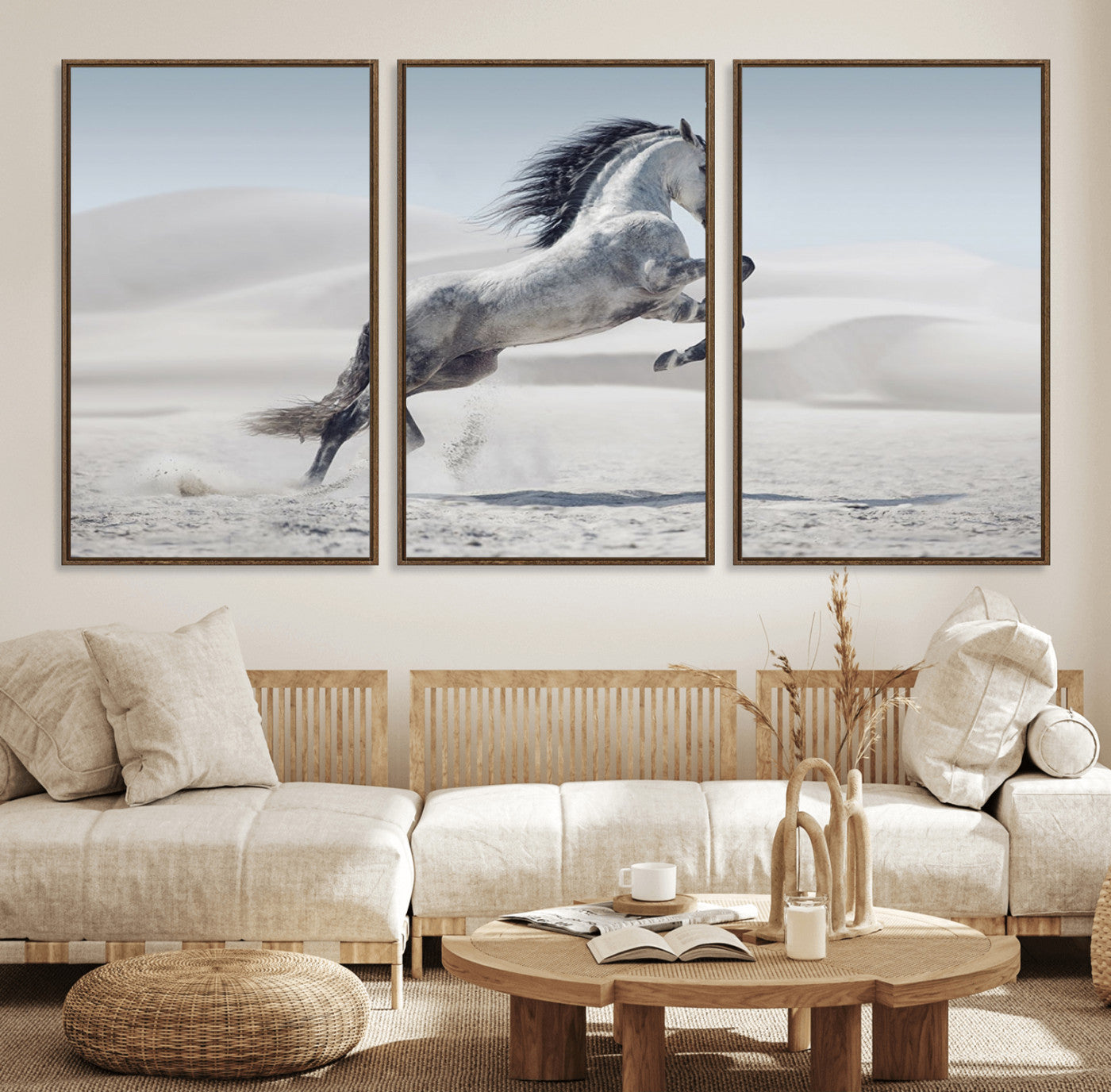 46422-MGV-FC-60X30-3P_Walnut-Prancing Horse Desert Large Wall Art Canvas Print – Majestic Horse Animal Artwork for Home, Office, Living Room