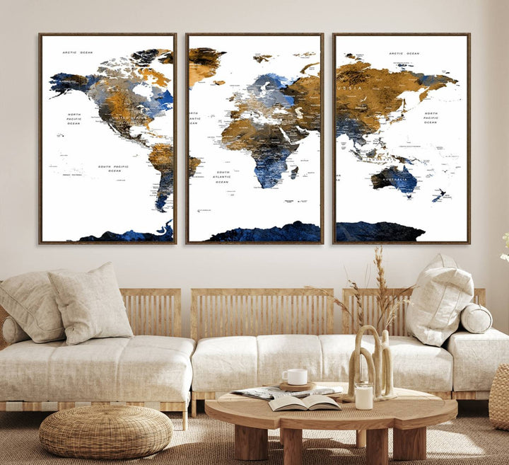The Triptych Modern World Map Canvas in blue and brown is an ideal global decor piece for enhancing living rooms or offices. It comes ready to hang.