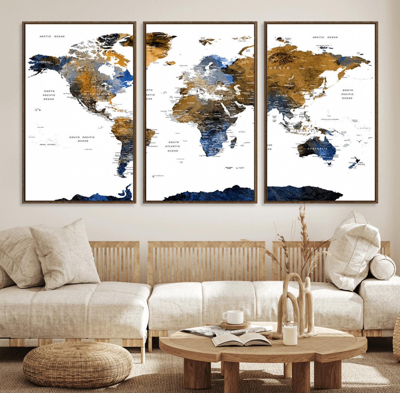 32677-MGV-FC-60X30-3P_Walnut-Modern Abstract World Map Canvas Wall Art – Framed Blue and Gold Map Print, Elegant Contemporary Travel Decor for Home and Office Walls