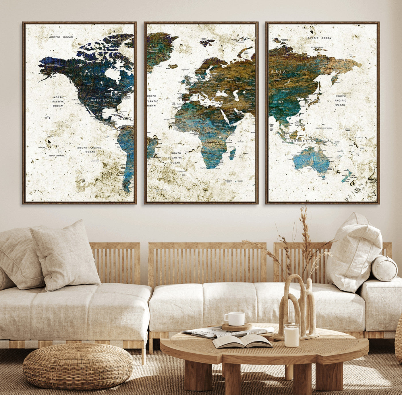 78067-MGV-FC-60X30-3P_Walnut-Vintage World Map Wall Art Canvas Print, Framed Rustic Earth Map Art Picture Print, Antique Map Perfect Rustic Vintage Decor Artwork