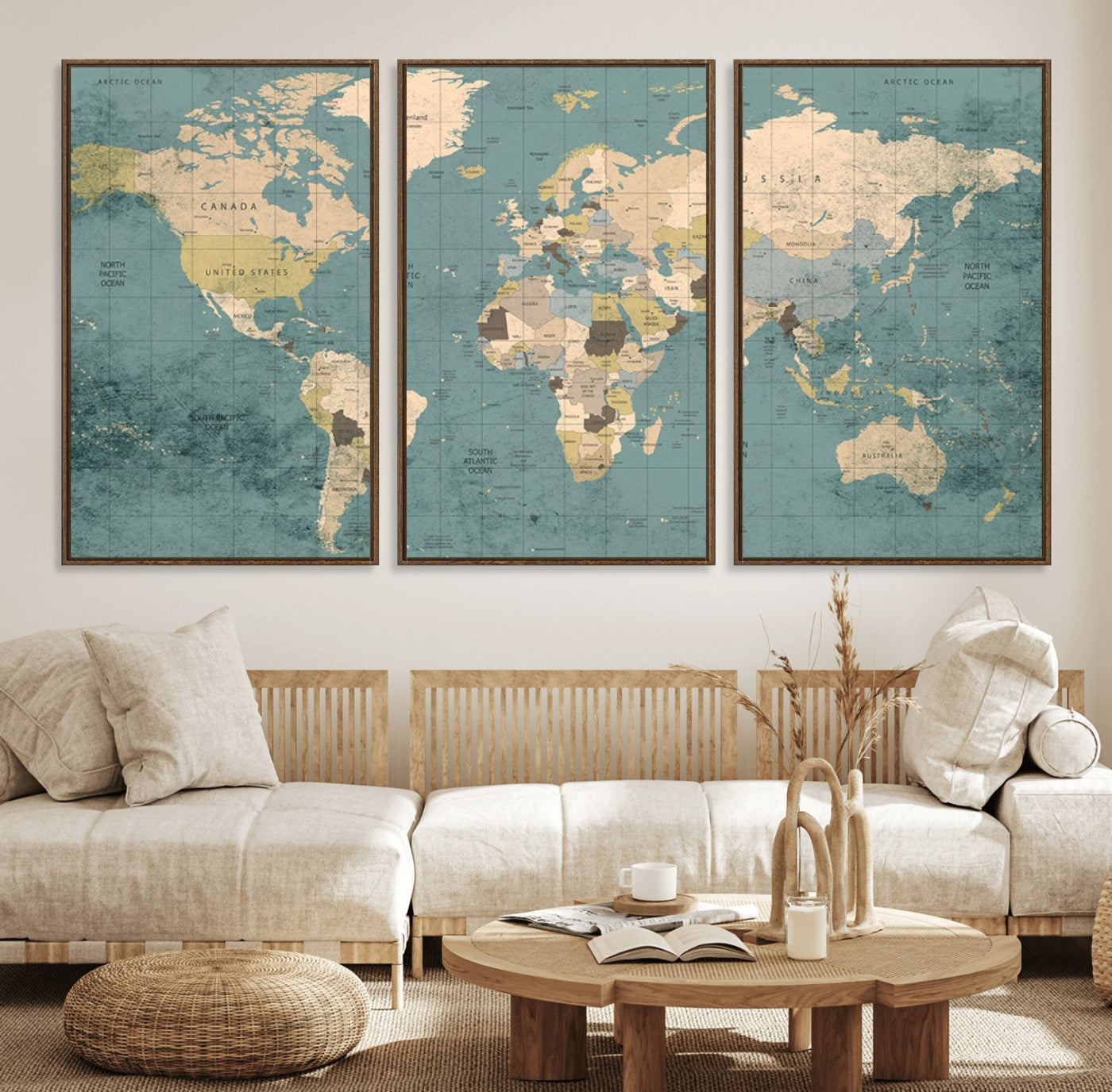 54872-MGV-FC-60X30-3P_Walnut-Classic World Map Canvas Print – Framed Vintage Map Wall Art, Retro Atlas Design for Rustic Explorer or Study Room Decor