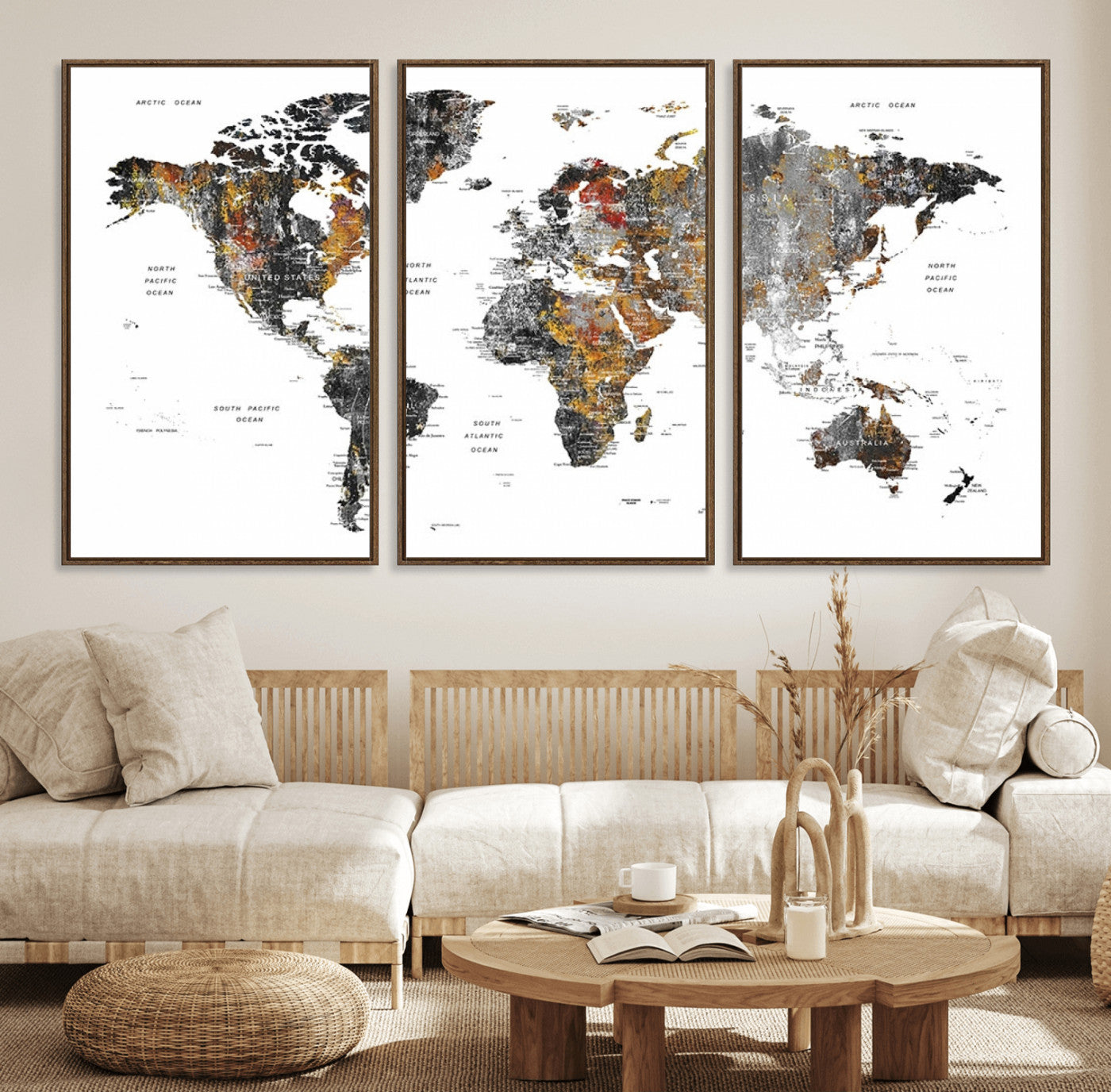 67481-MGV-FC-60X30-3P_Walnut-Modern Metallic World Map Canvas Wall Art – Framed Contemporary World Map Print, Stylish Travel Inspired Decor for Home and Office Walls