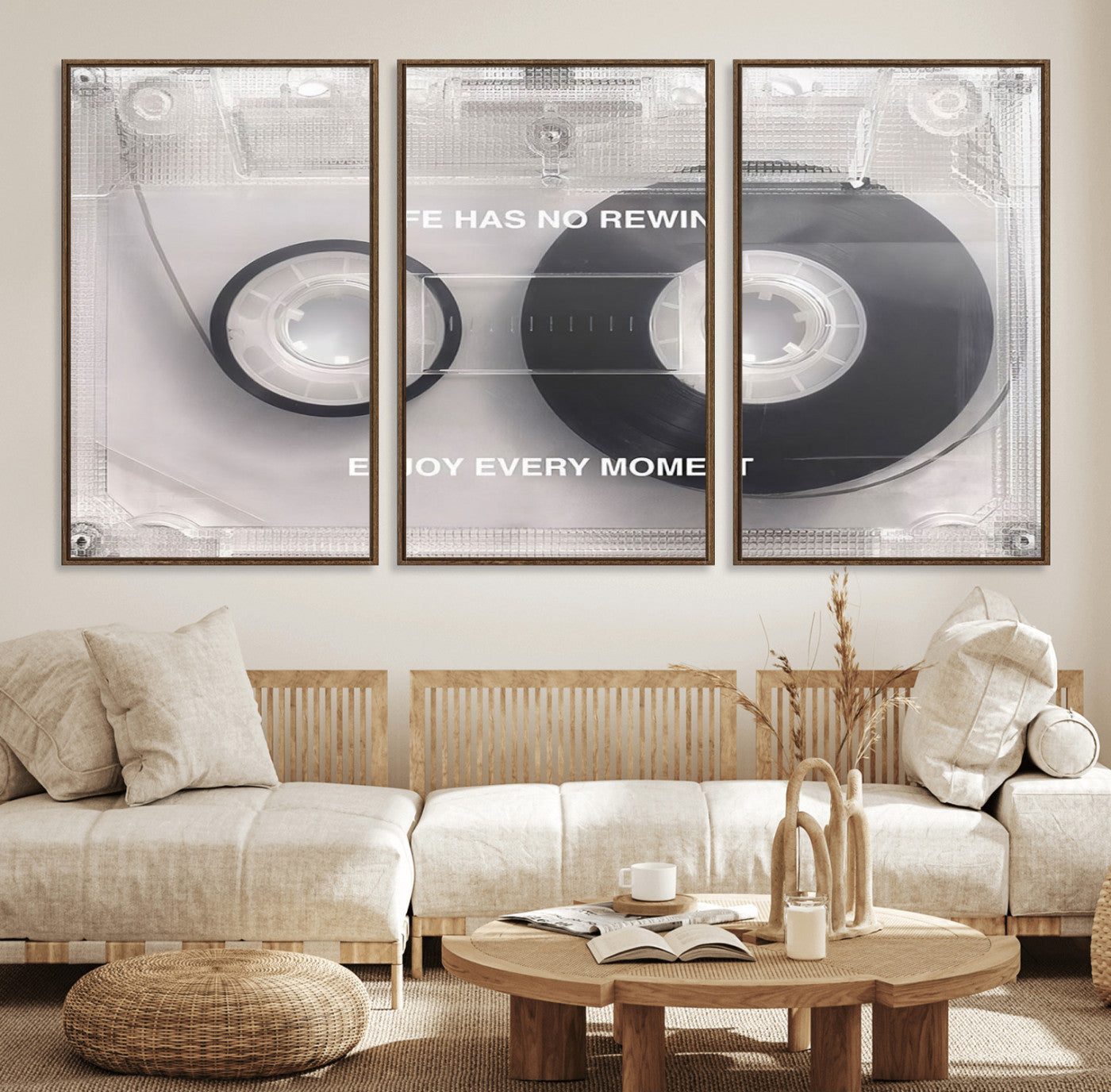 54028-MGV-FC-60X30-3P_Walnut-Vintage Cassette Tape Canvas Wall Art - Inspirational 'Life Has No Rewind' Quote, Retro Music Decor