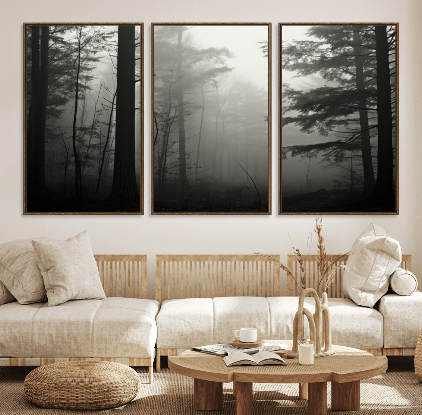 63515-MGV-FC-60X30-3P_Walnut-Misty Forest Wall Art Premium Canvas Print a Foggy and Serene Atmosphere - Nature Wall Art