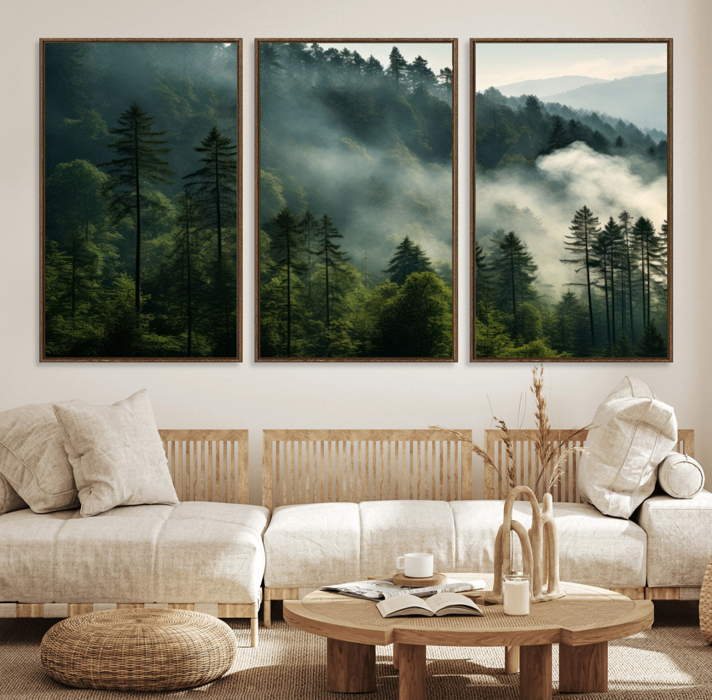 13518-MGV-FC-60X30-3P_Walnut-Misty Forest Wall Art Premium Canvas Print a Foggy and Serene Atmosphere