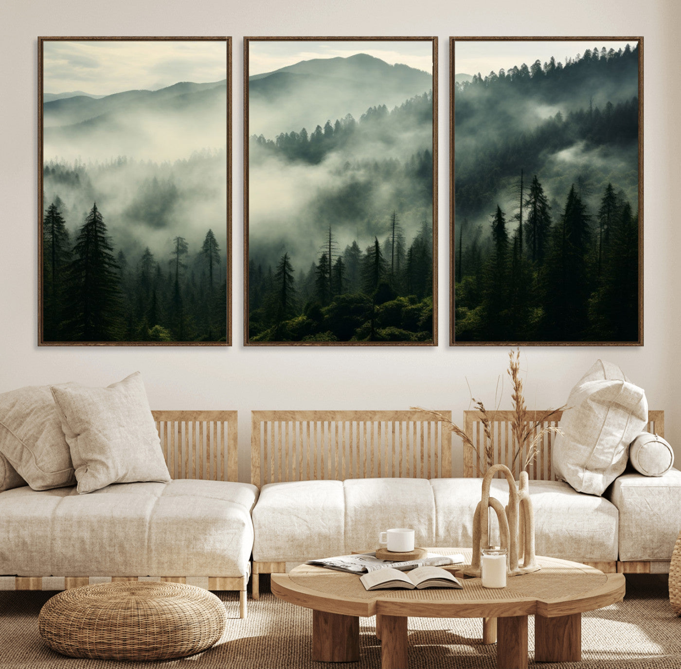 25295-MGV-FC-60X30-3P_Walnut-Captivating Misty Forest Wall Art Premium Canvas Print a Foggy and Serene Atmosphere