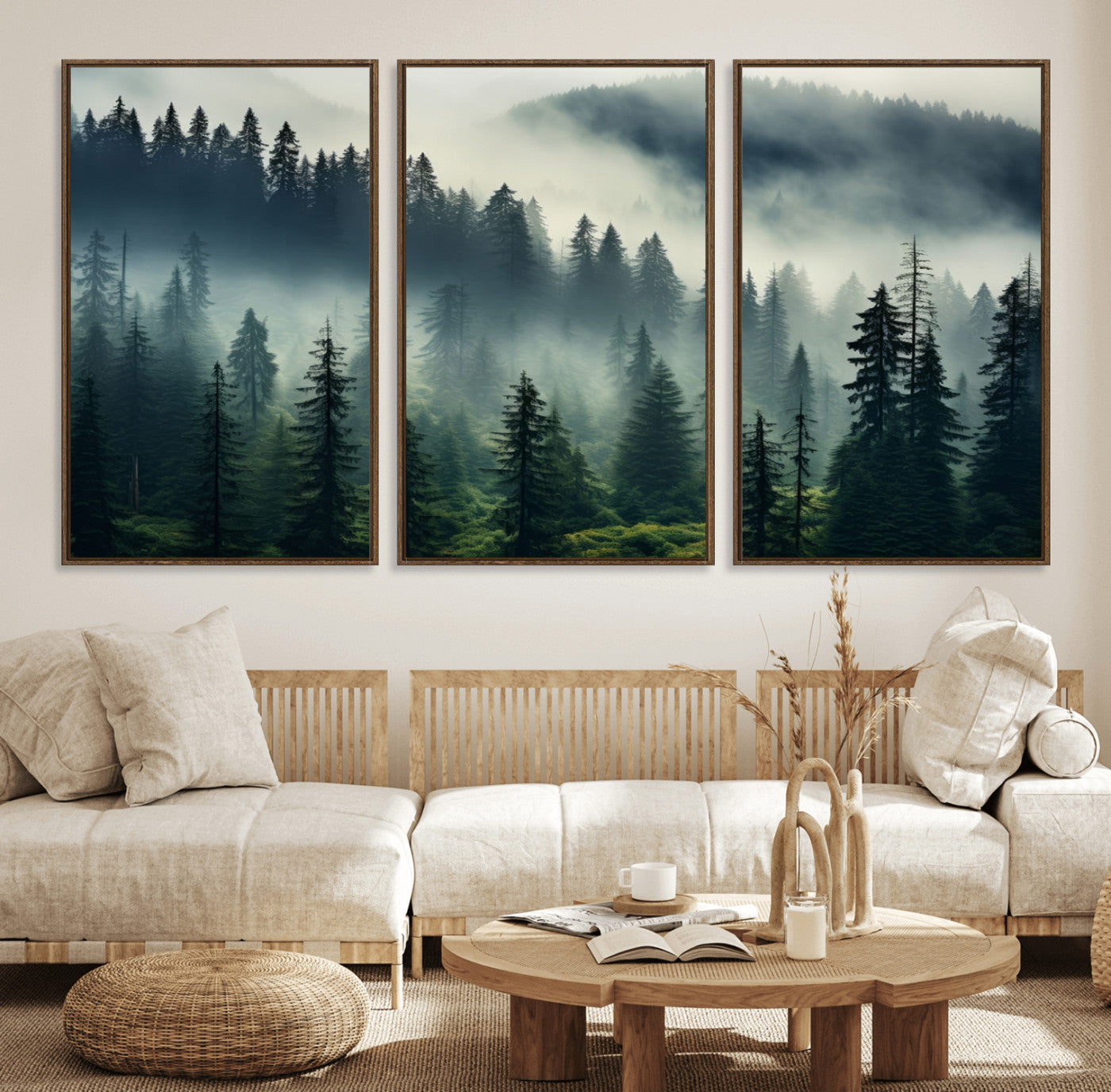 48606-MGV-FC-60X30-3P_Walnut-Captivating Misty Forest Wall Art Premium Canvas Print a Foggy and Serene Atmosphere