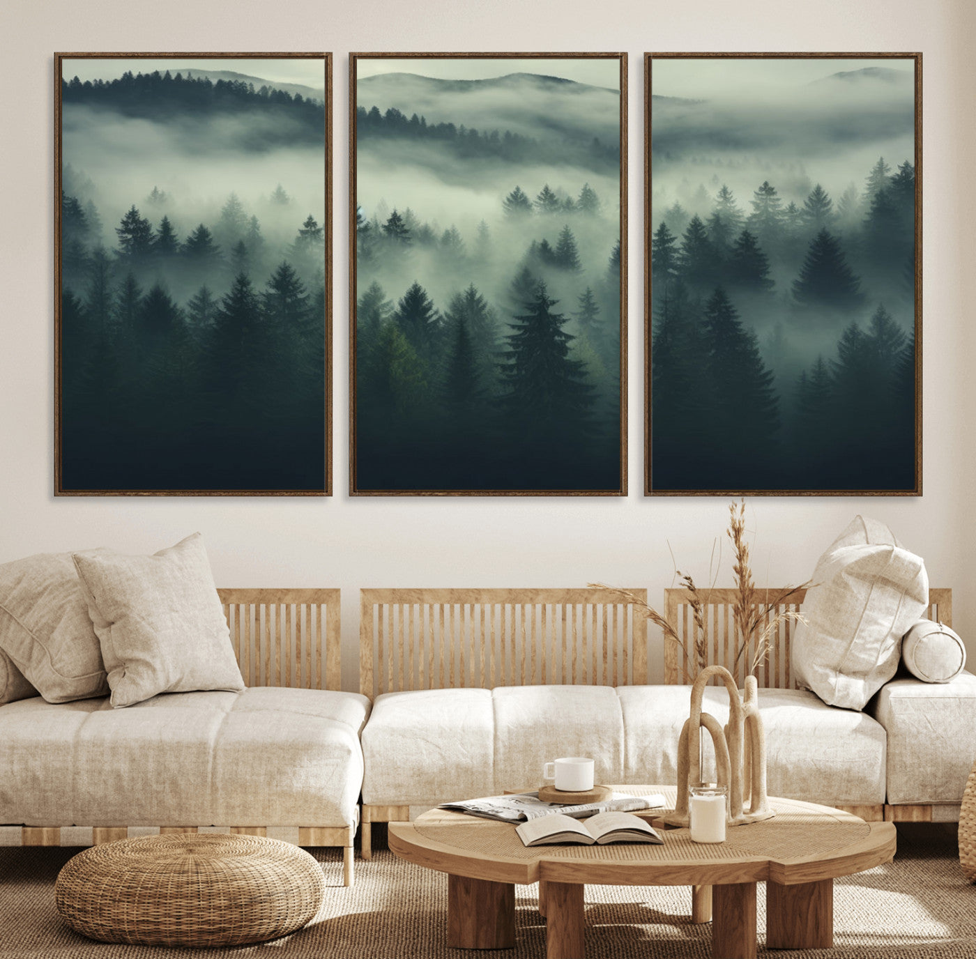 76456-MGV-FC-60X30-3P_Walnut-Misty Forest Wall Art Premium Canvas Print a Foggy and Serene Atmosphere