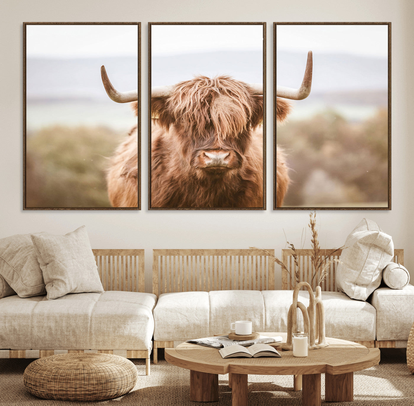 61584-MGV-FC-60X30-3P_Walnut-Scottish Serene Highland Cow Canvas Wall Art – Serene Highland Cow in Natural Pastel Tones – Ready