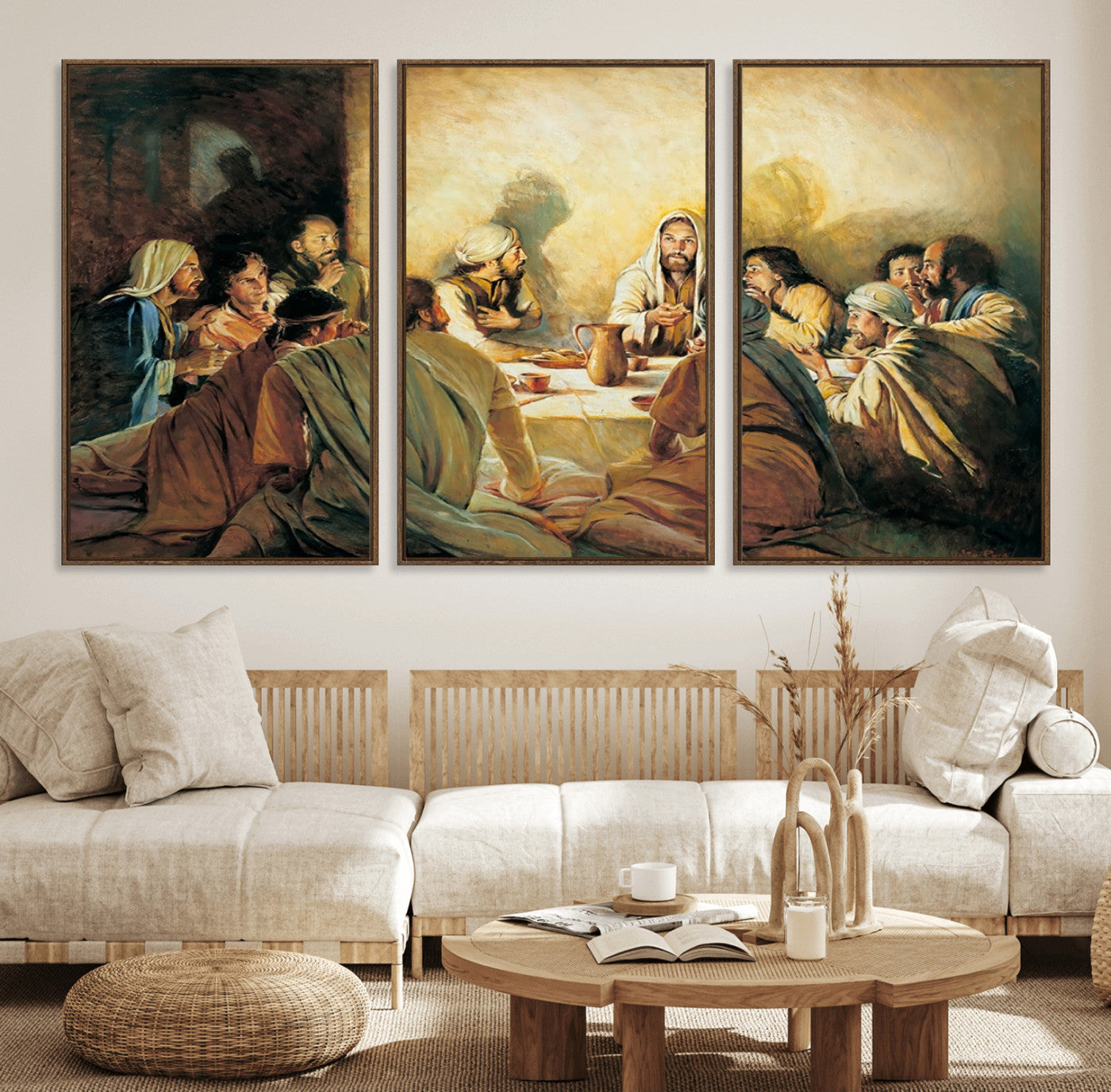 Framed canvas print of the Last Supper, depicting Jesus and his disciples, perfect for religious or Christian-themed home decor.