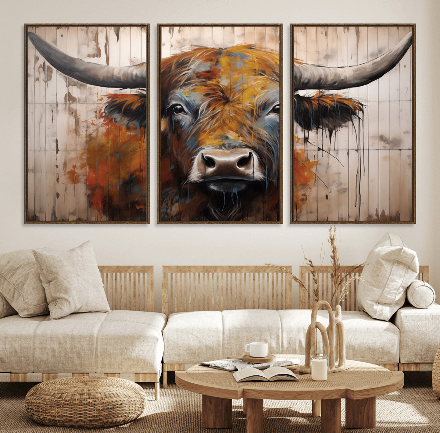 47284-MGV-FC-60X30-3P_Walnut-Abstract Bull Highland Cow Canvas Wall Art Print – Vibrant Rustic Charm in Modern Farmhouse Decor –