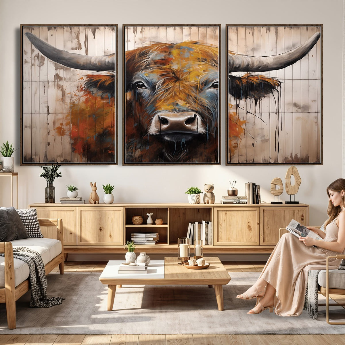 47284-MGV-CV-24X16 - Abstract Bull Highland Cow Canvas Wall Art Print