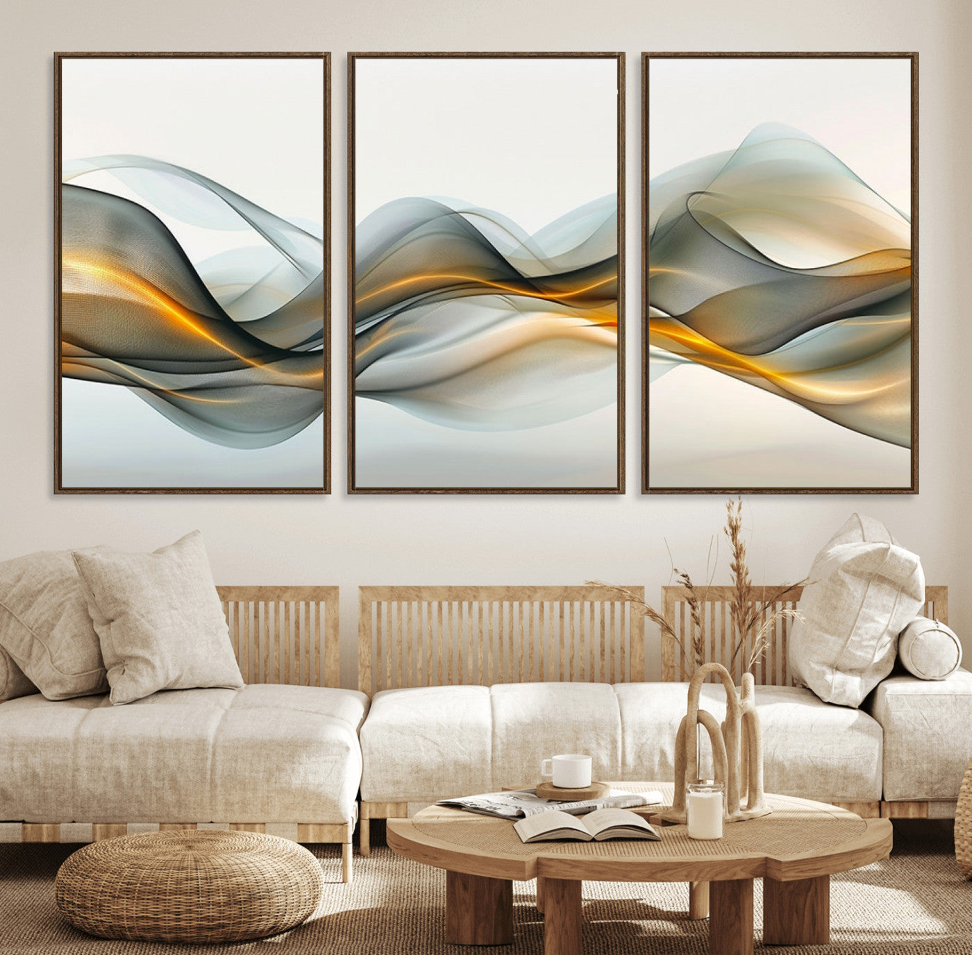 ES1001-MGV-FC-60X30-3P_Walnut-Abstract Wave Canvas Wall Art – Fluid Contemporary Elegance in Motion – Ready to Hang