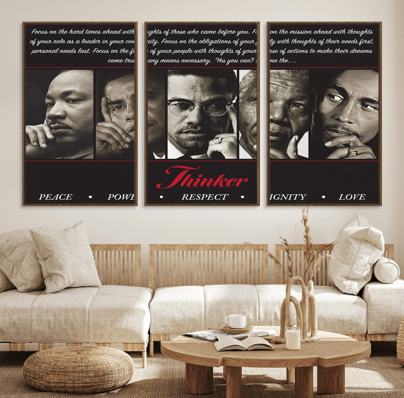 41417-MGV-FC-60X30-3P_Walnut-Thinkers of Wall Art Canvas Print - Inspirational Wall Art Featuring Icons of Peace, Power, and