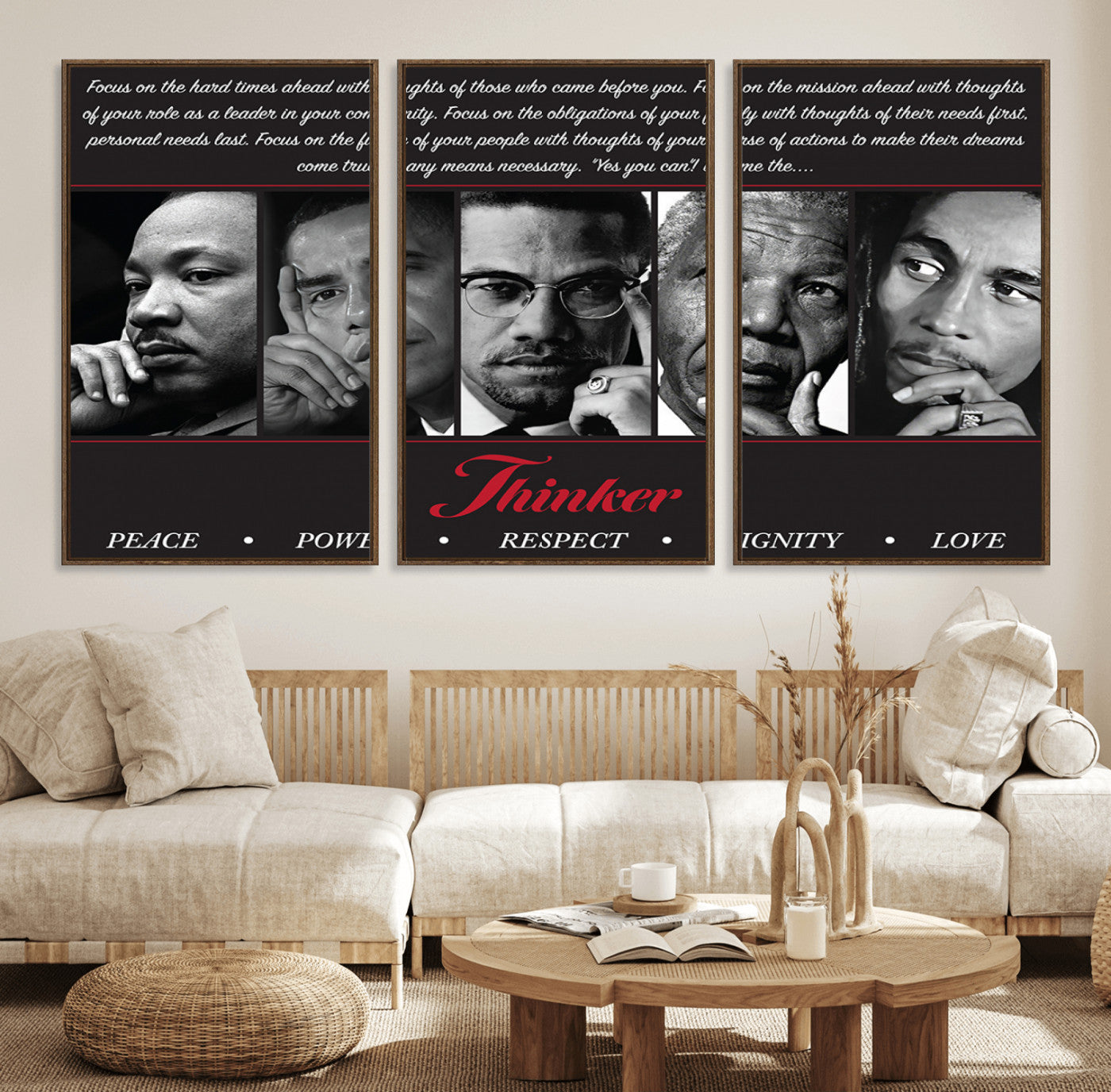 45112-MGV-FC-60X30-3P_Walnut-Thinker Quintet Canvas Wall Art – Martin, Obama, Malcolm X, Mandela, Marley Featuring Peace, Power,