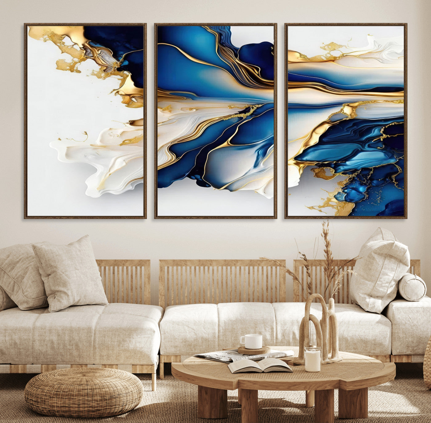 MGV-FC-60X30-3P - Gold Marble Art - Abstract Geode Gold And Blue Marble Shape 3 Pieces Wall Art Canvas Print