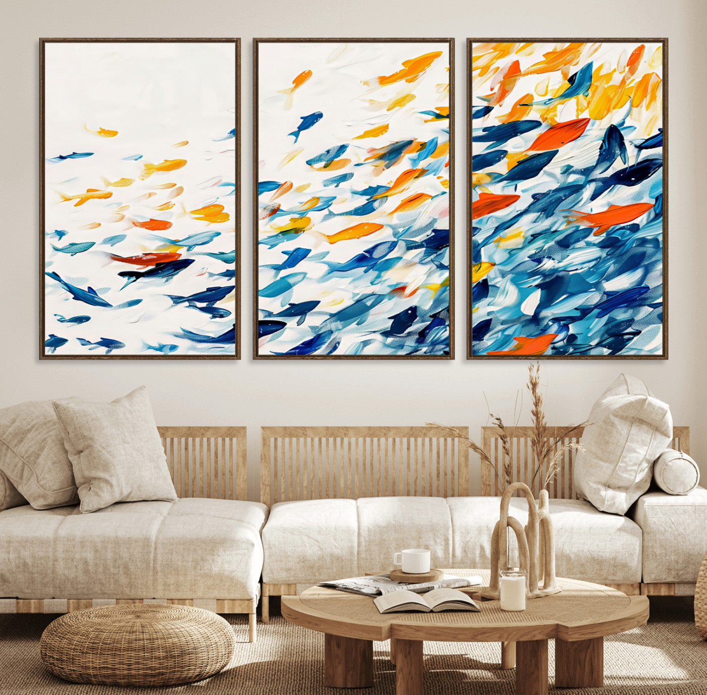84837-MGV-FC-60X30-3P_Walnut-Abstract Fish Shoal Wall Art Canvas Print, Colorful Fish Herd Painting on Canvas Print, Ocean Animal
