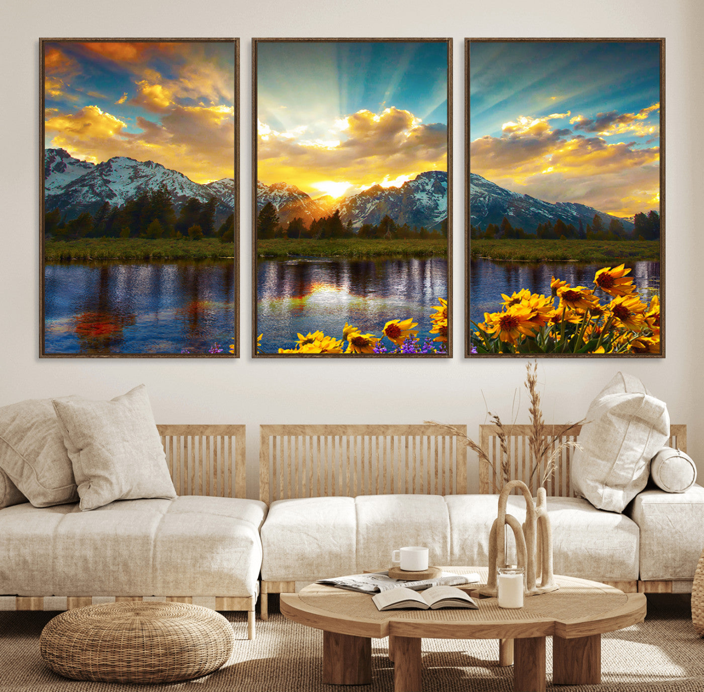 MGV-FC-60X30-3P - Grand Teton Park Amazing Mountain Landscape Sunset Wall Art Canvas Print