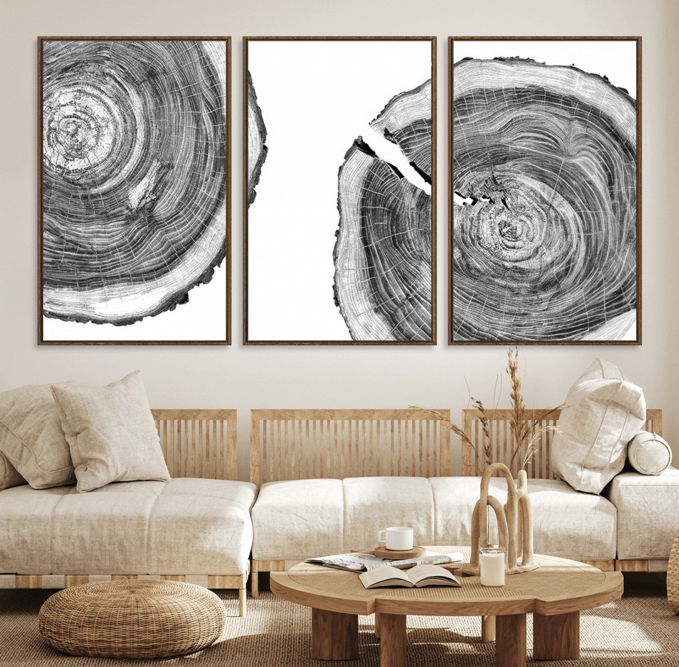 23016-MGV-FC-60X30-3P_Walnut-Modern Black and White Tree Rings Canvas Wall Art – Nature Inspired Wood Slice Print – Minimalist