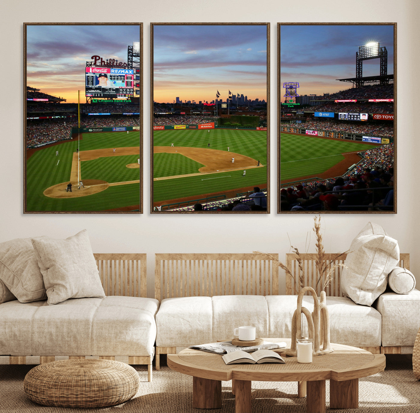 13778-MGV-FC-60X30-3P_Walnut-Citizens Bank Park Philadelphia Phillies Wall Art Canvas | 3-Panel Canvas Print of Phillies Stadium
