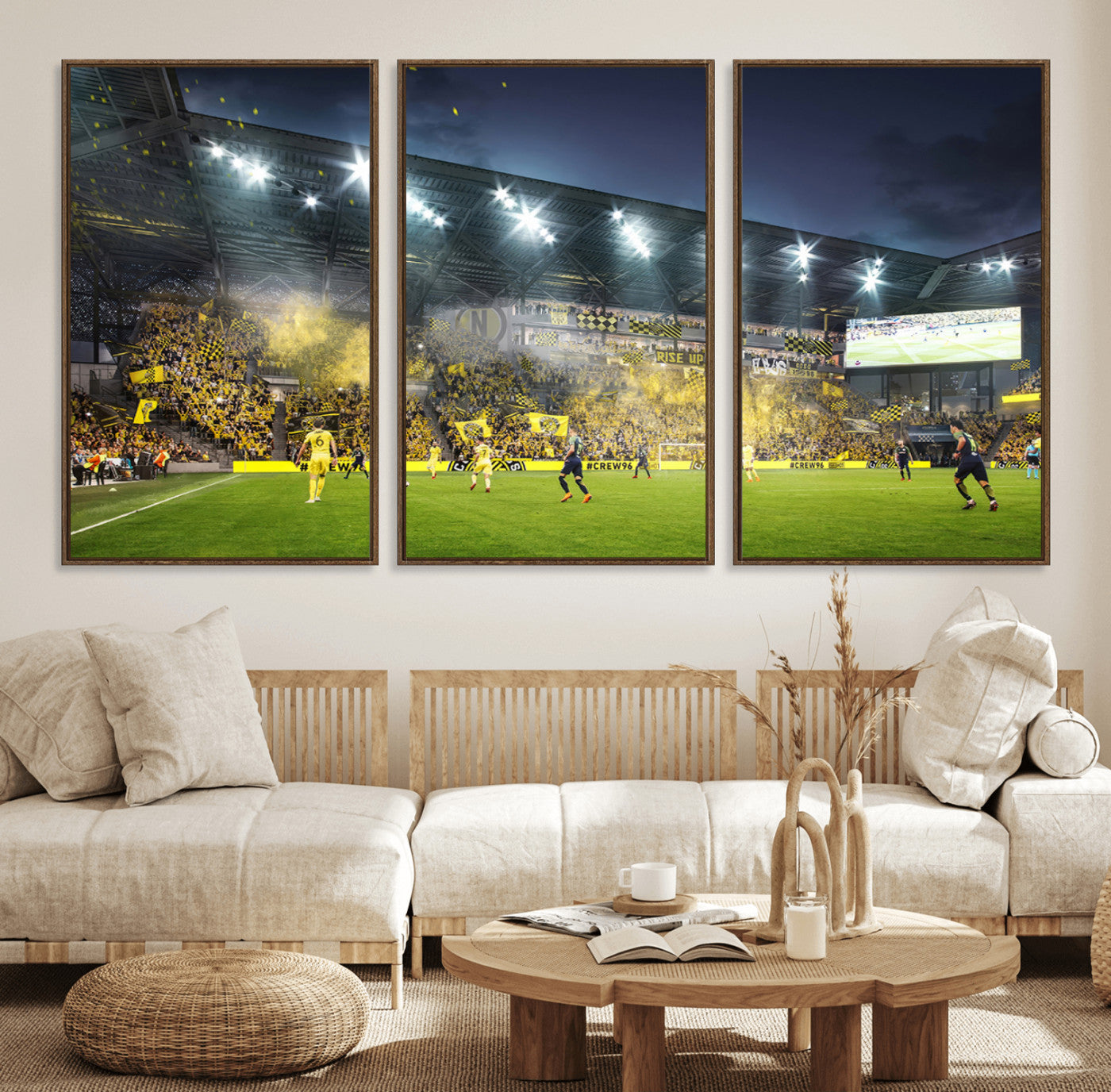65820-MGV-FC-60X30-3P_Walnut-Columbus Crew Stadium Match Triple Canvas Wall Art - Dynamic MLS Game Scene Canvas Wall Art