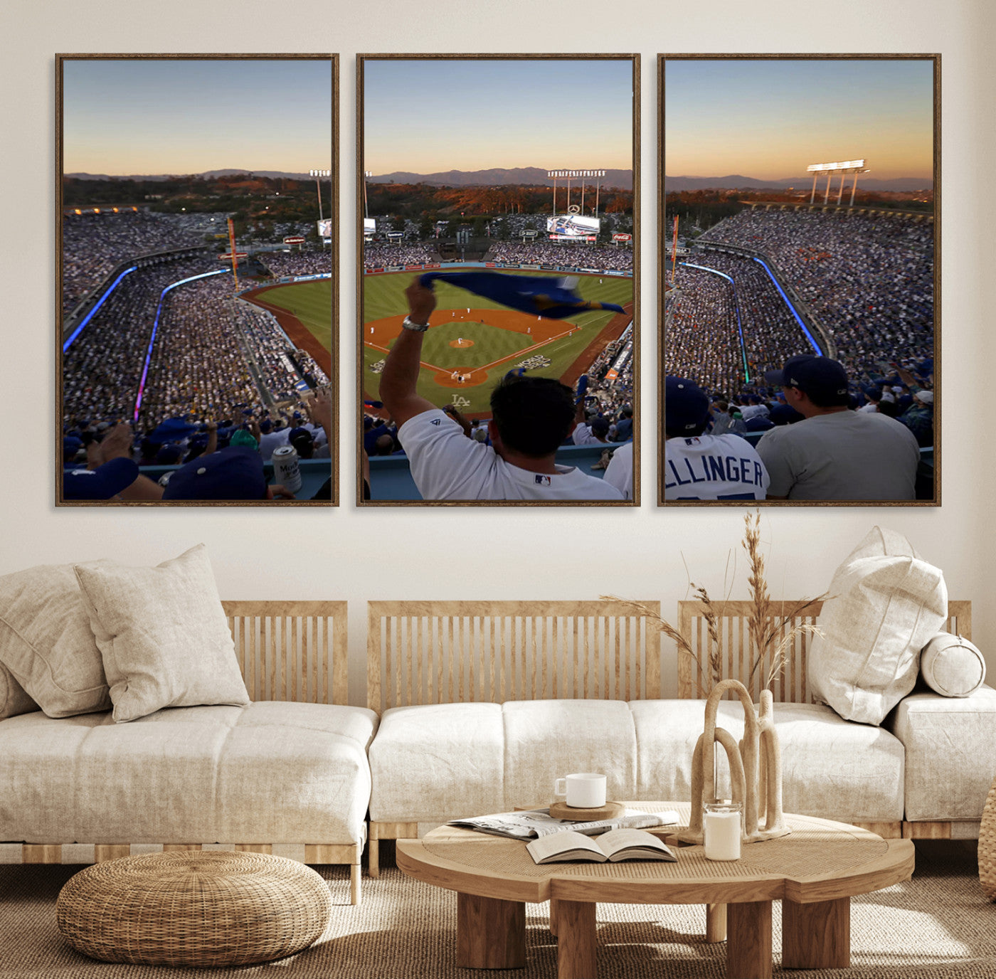 60162-MGV-FC-60X30-3P_Walnut-Dodger Stadium Sunset Game Triple Canvas Wall Art - Los Angeles Dodgers MLB Match