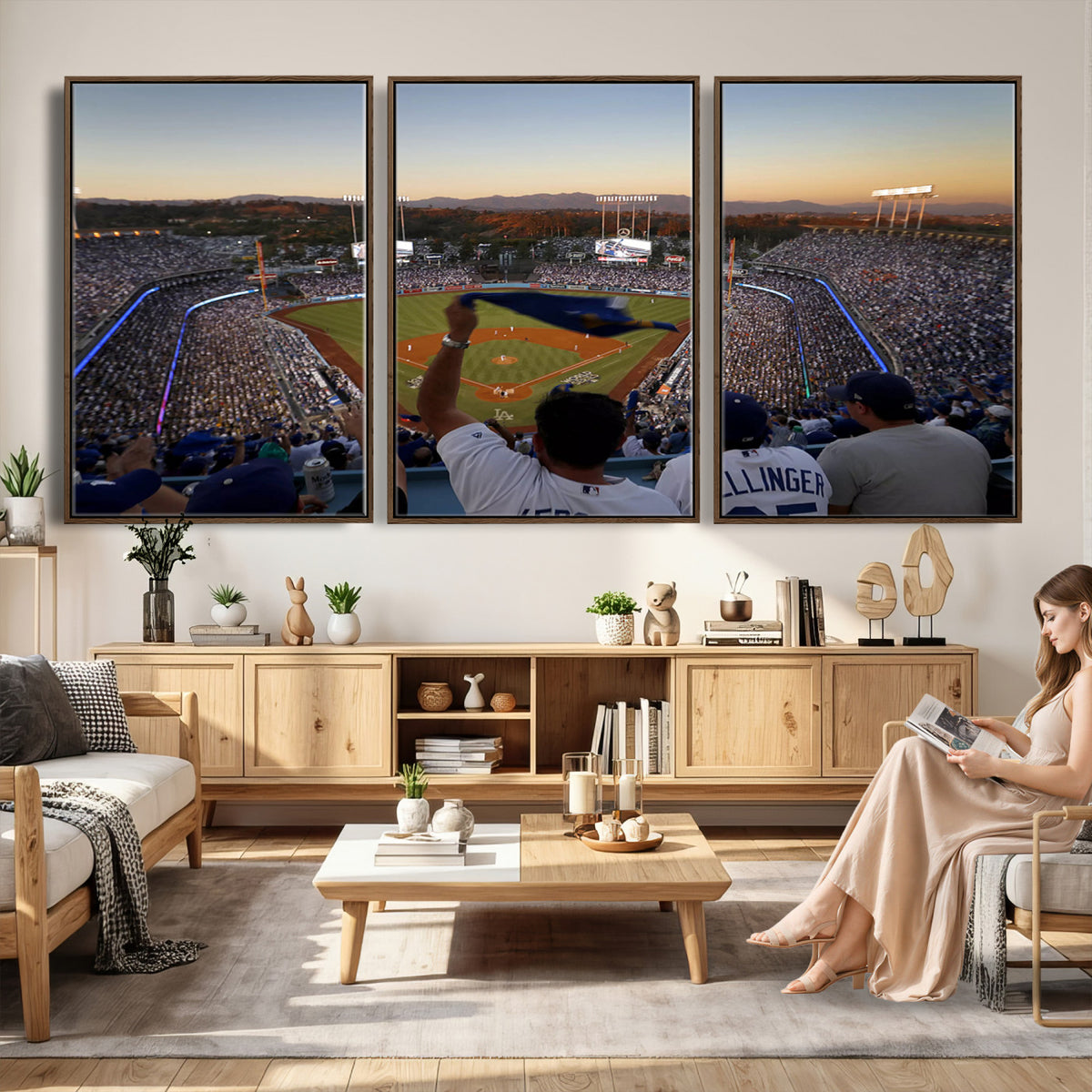 60162-MGV-CV-36X24 - Dodger Stadium Sunset Game Triple Canvas Wall Art, Los Angeles Dodgers MLB Match