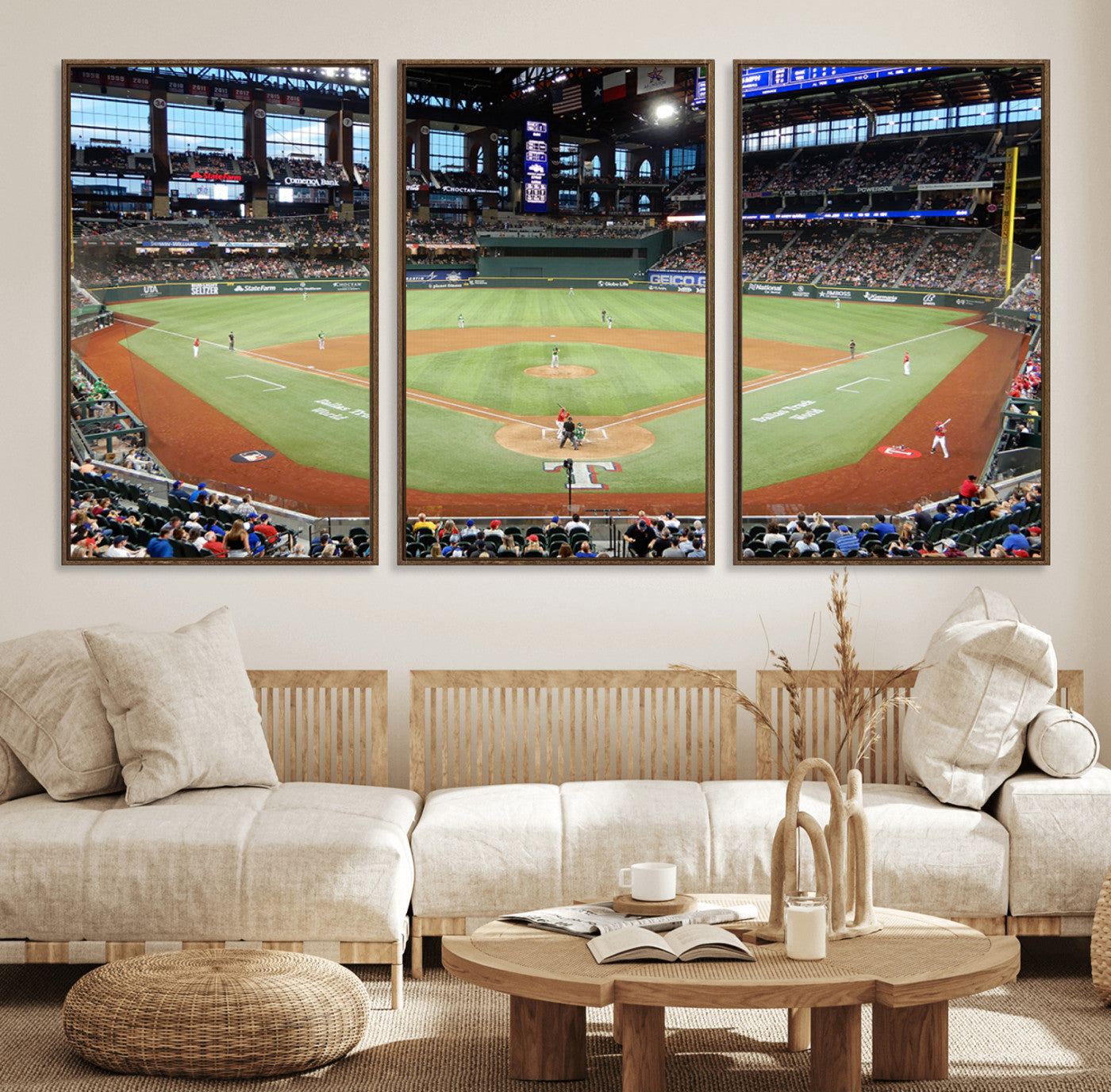 78468-MGV-FC-60X30-3P_Walnut-Texas Rangers Baseball Team Print - Arlington Globe Life Field Stadium Canvas Print Wall Art