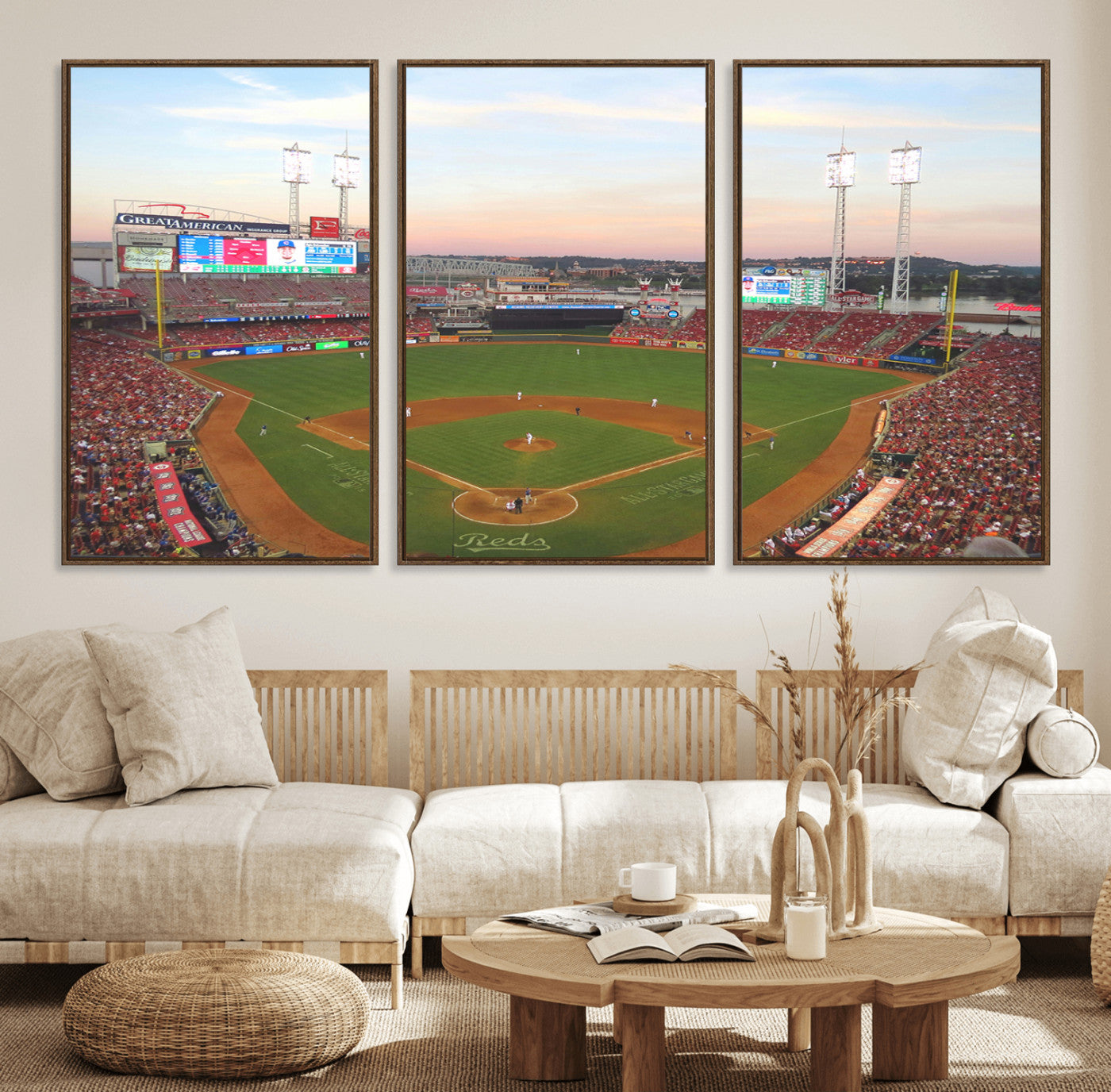 20257-MGV-FC-60X30-3P_Walnut-Cincinnati Reds Baseball Print Canvas- Cincinnati Great American Ball Park Stadium Wall Art Canvas