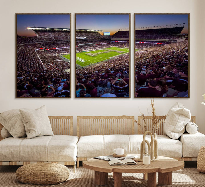 A vibrant canvas print of Texas A&M Aggies at College Stations Kyle Field Stadium captures the energy of fans cheering as the band marches at sunset.