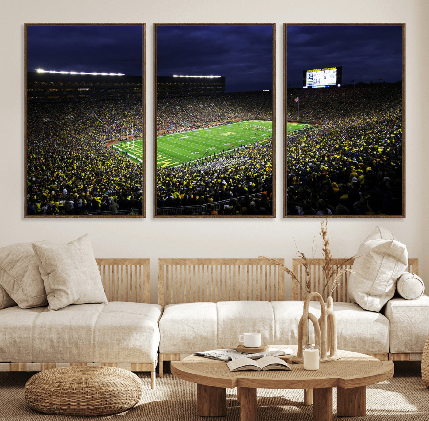 15448-MGV-FC-60X30-3P_Walnut-Michigan Wolverines Football Canvas Wall Decor, Football Team Print - Ann Arbor Michigan Stadium