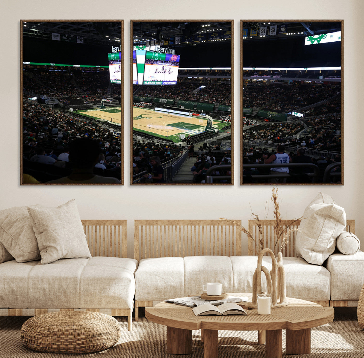 69882-MGV-FC-60X30-3P_Walnut-Milwaukee Bucks Basketball Print - Fiserv Forum Stadium Wall Art Canvas Print